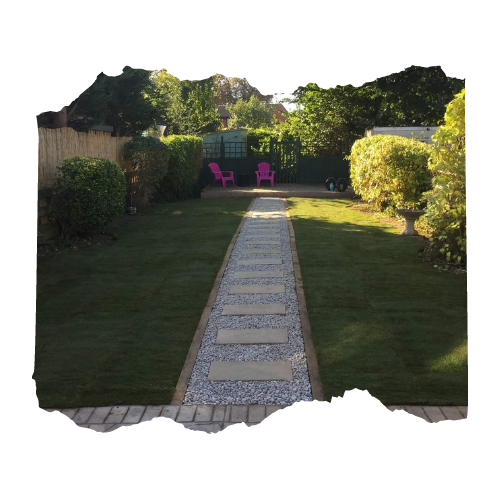 New turf, hedges trimmed and slab/gravel path down the middle